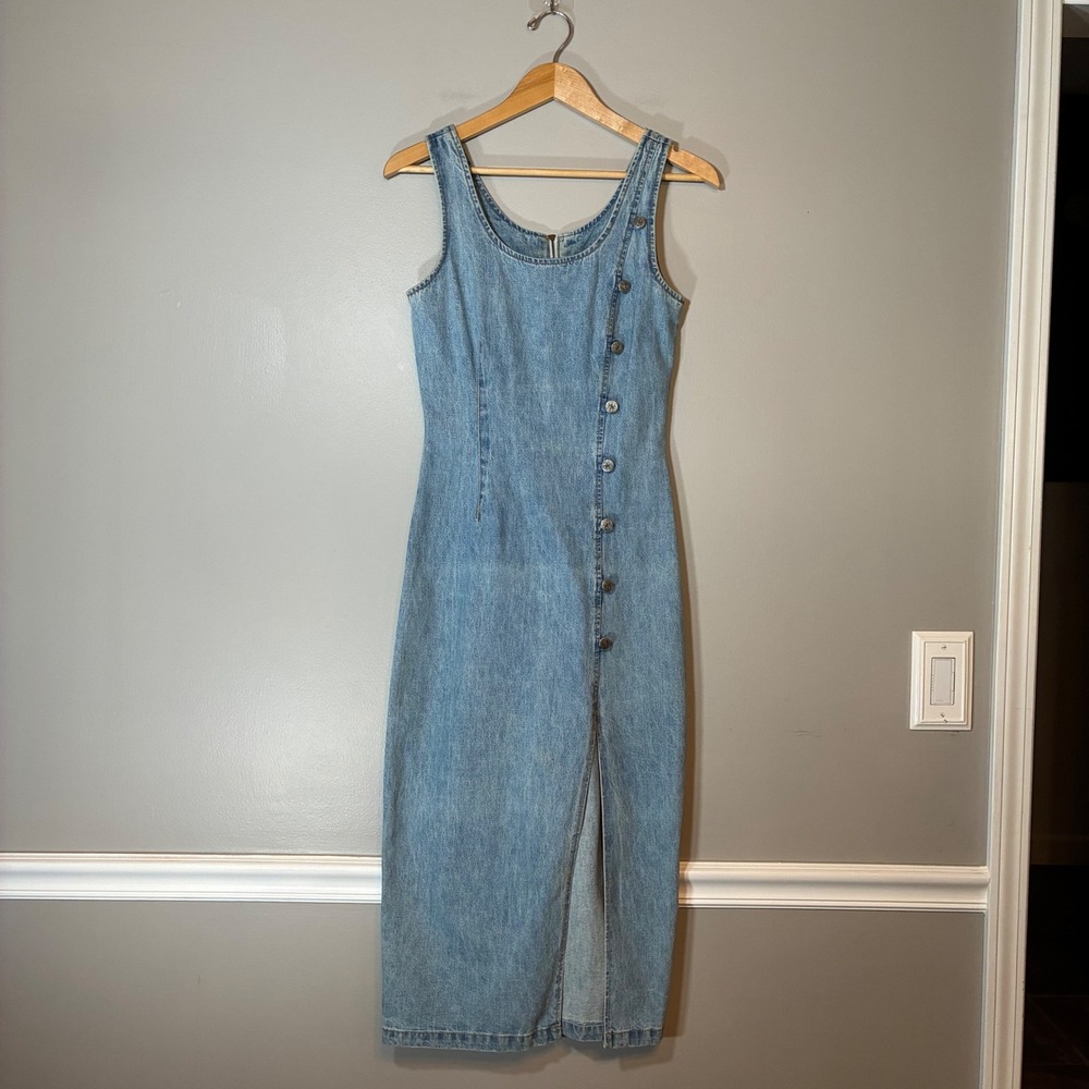 Vintage Switch USA Denim Midi Dress Light Wash Button Front Slit Size 5 90s